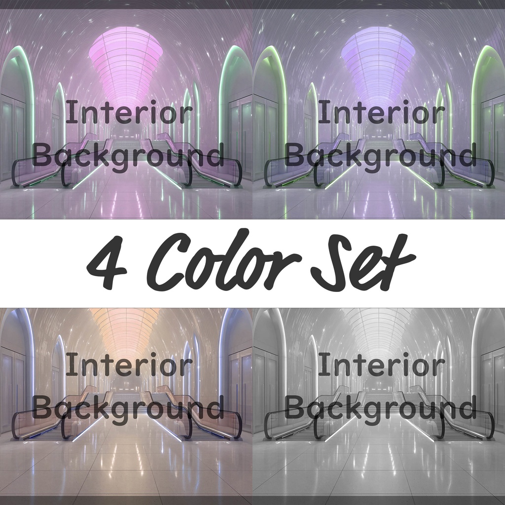 02_真珠壁ホール空間エスカレーター背景｜光反射フロア建築デザイン（4色セット）