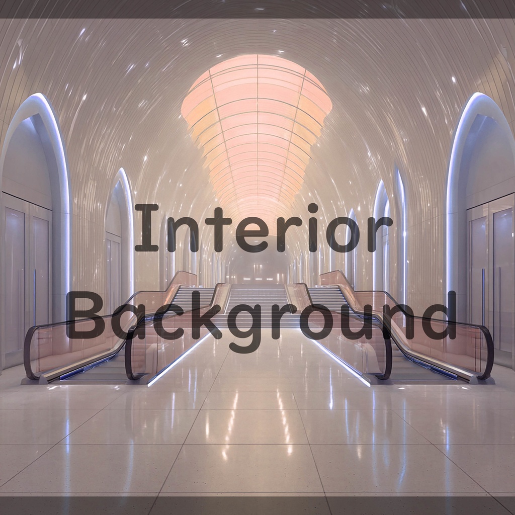 02_真珠壁ホール空間エスカレーター背景|光反射フロア建築デザイン(4色セット)