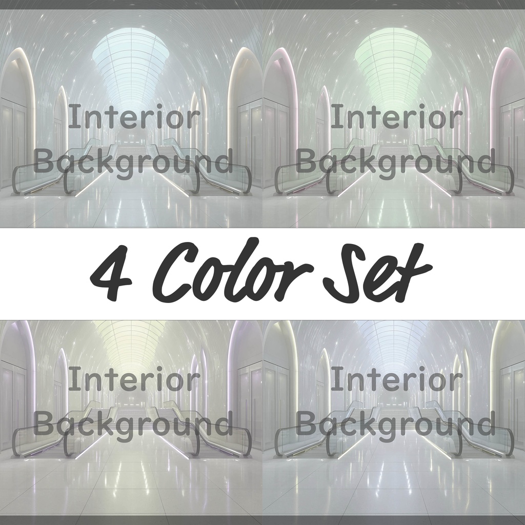 03_真珠壁ホール空間エスカレーター背景｜光反射フロア建築デザイン（4色セット）