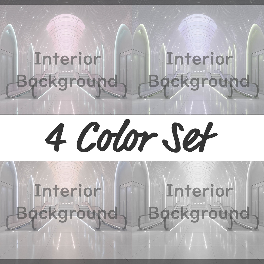 04_真珠壁ホール空間エスカレーター背景｜光反射フロア建築デザイン（4色セット）
