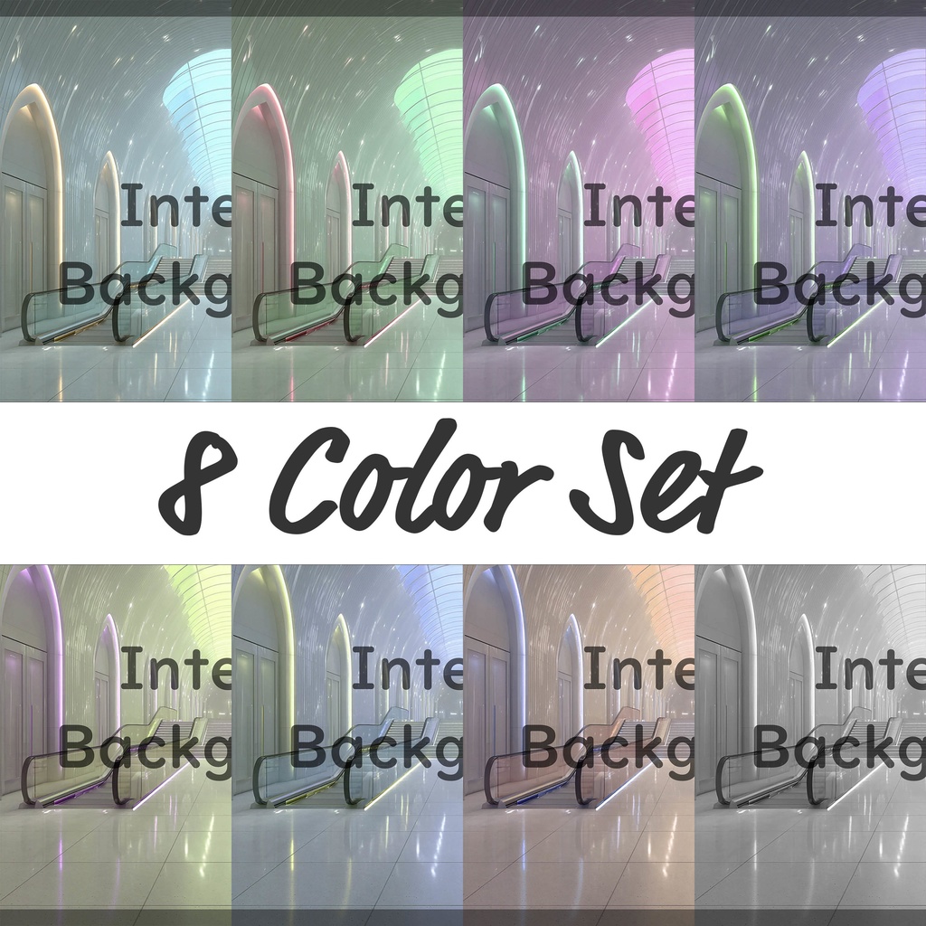 01_真珠壁ホール空間エスカレーター背景｜光反射フロア建築デザイン（8色セット）