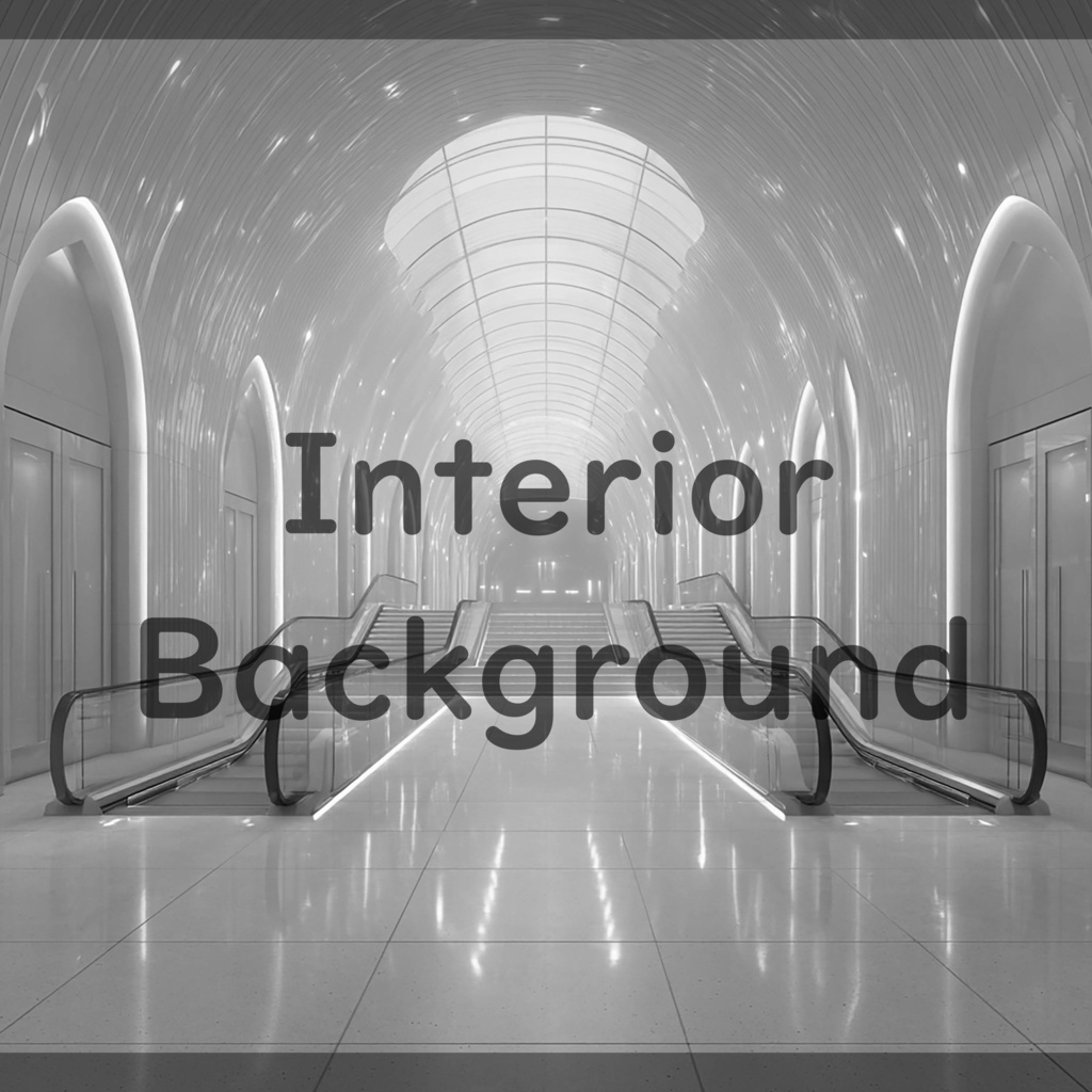 01_真珠壁ホール空間エスカレーター背景|光反射フロア建築デザイン(8色セット)