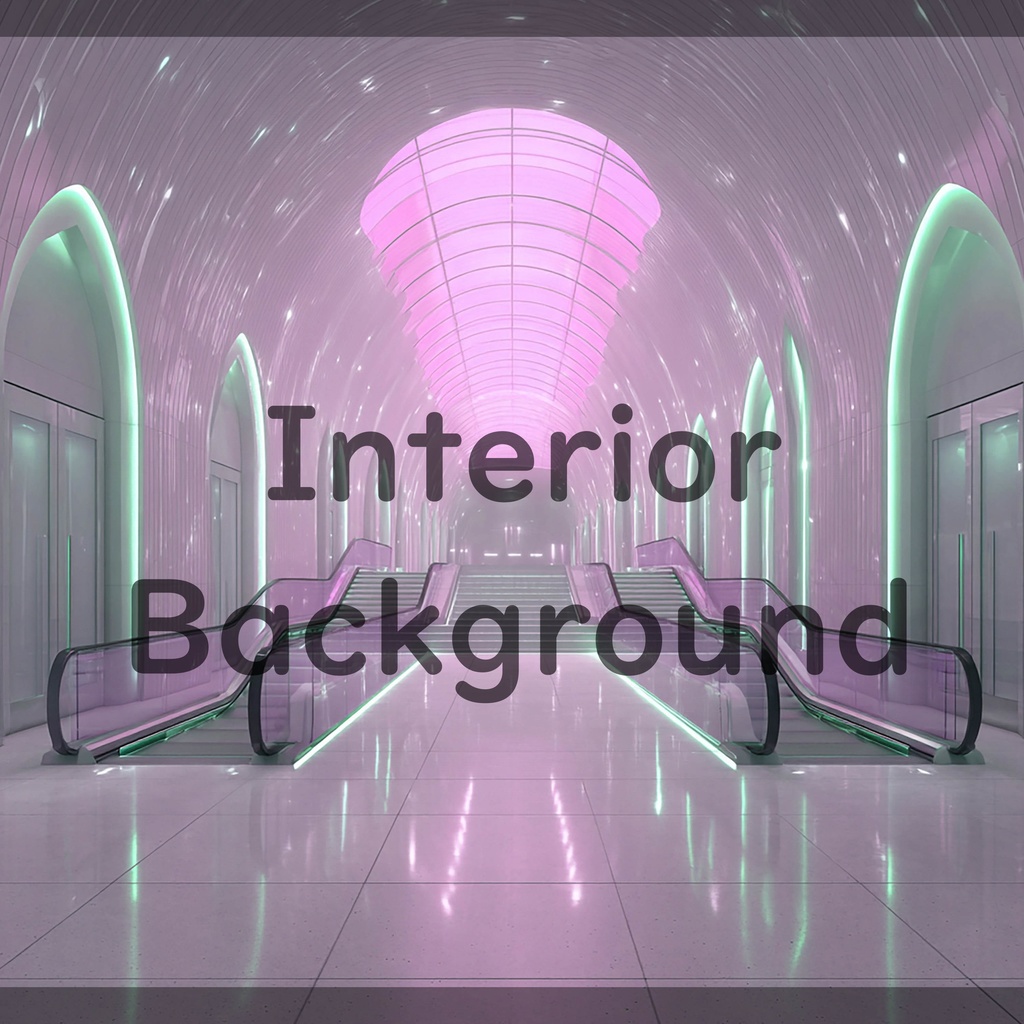 01_真珠壁ホール空間エスカレーター背景|光反射フロア建築デザイン(8色セット)