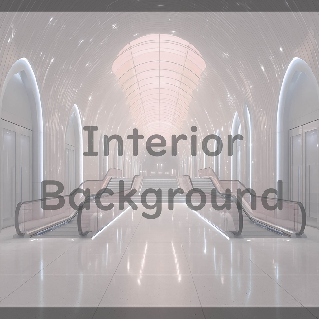 02_真珠壁ホール空間エスカレーター背景|光反射フロア建築デザイン(8色セット)