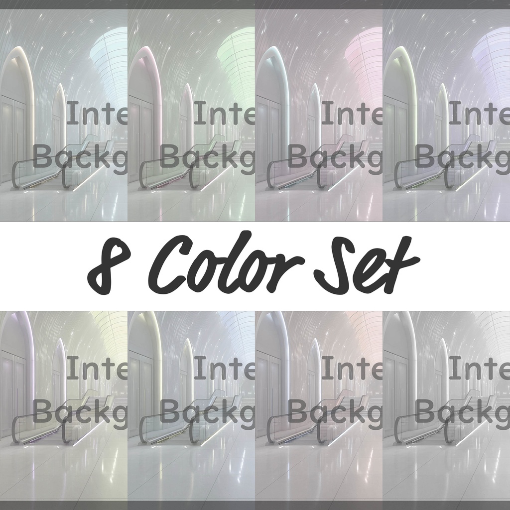 02_真珠壁ホール空間エスカレーター背景｜光反射フロア建築デザイン（8色セット）