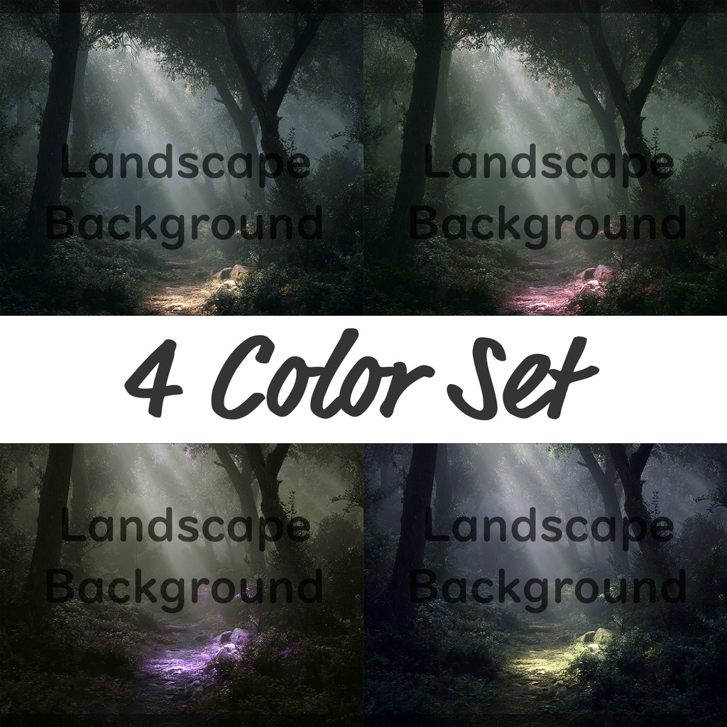 01_神秘的な光差し込む森林小径背景｜幻想ナチュラル空間デザイン（4色セット）
