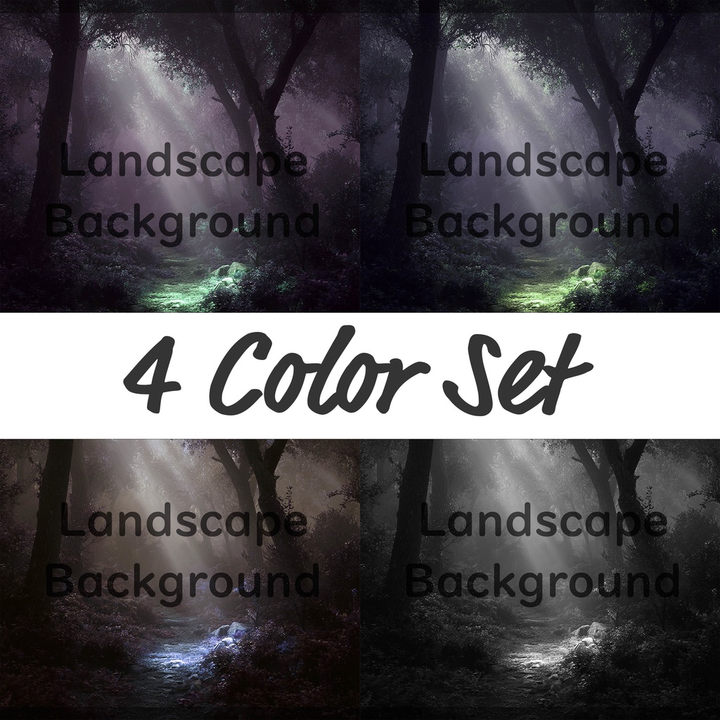 02_神秘的な光差し込む森林小径背景｜幻想ナチュラル空間デザイン（4色セット）
