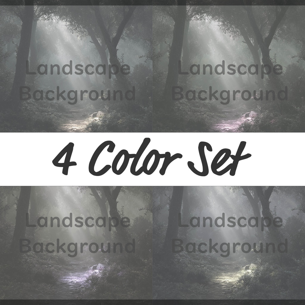 03_神秘的な光差し込む森林小径背景｜幻想ナチュラル空間デザイン（4色セット）