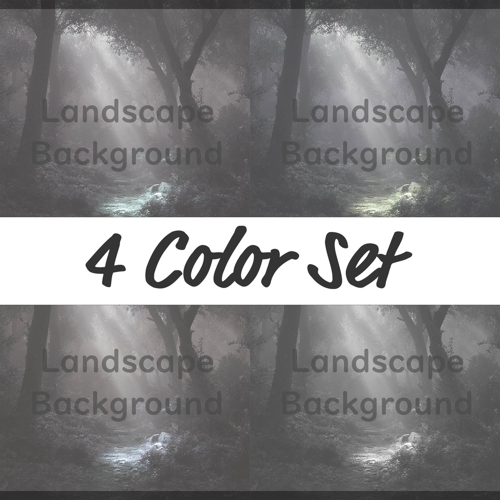 04_神秘的な光差し込む森林小径背景｜幻想ナチュラル空間デザイン（4色セット）