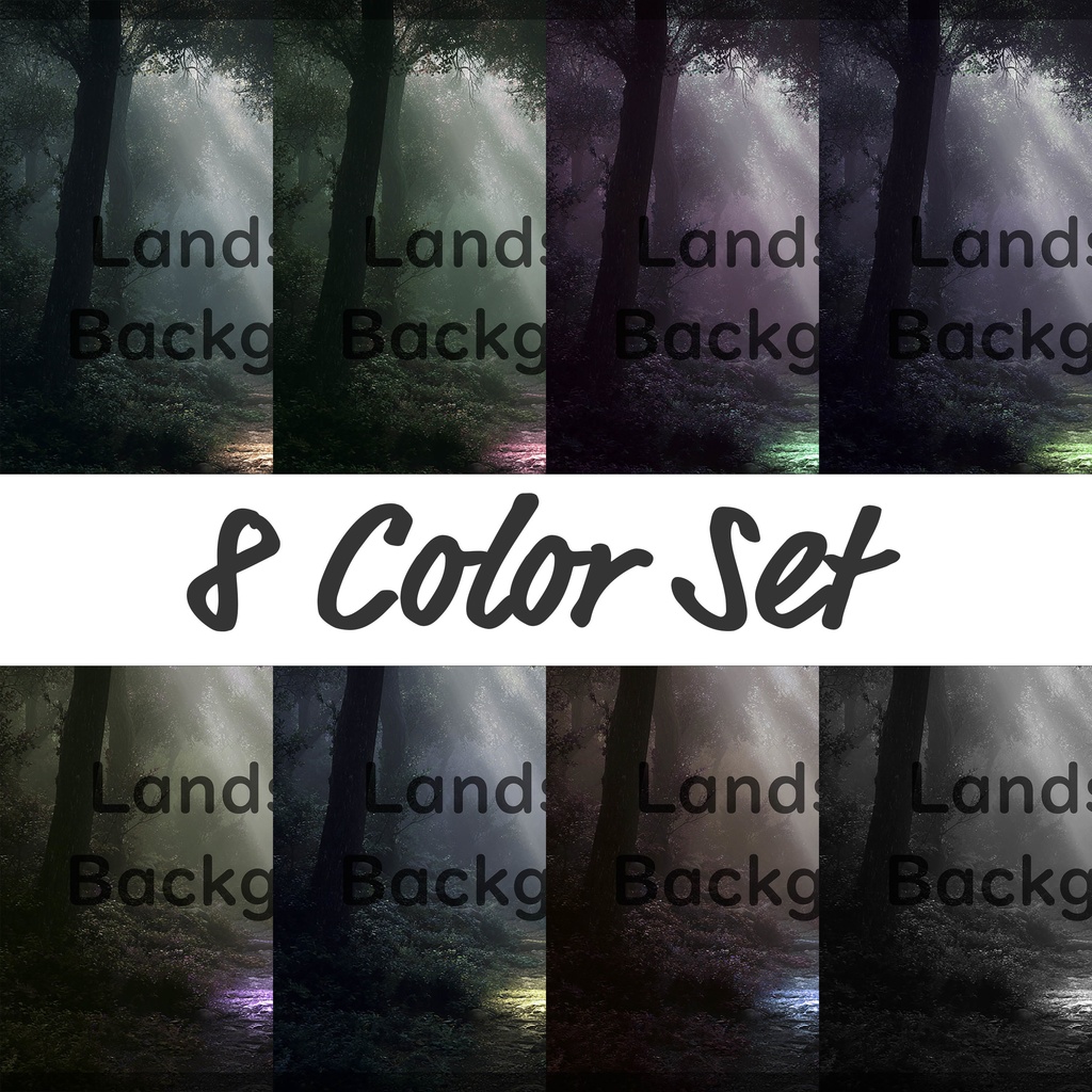 01_神秘的な光差し込む森林小径背景｜幻想ナチュラル空間デザイン（8色セット）