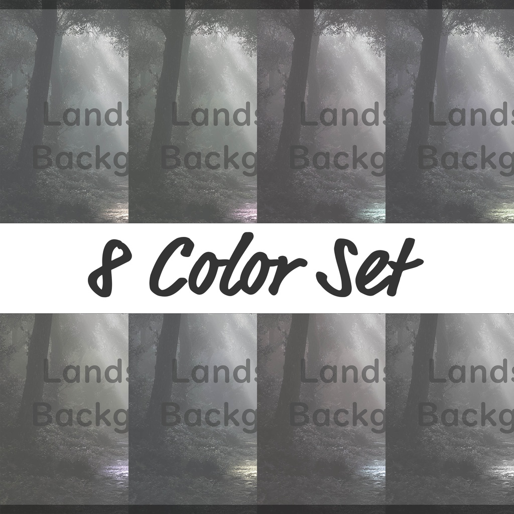 02_神秘的な光差し込む森林小径背景|幻想ナチュラル空間デザイン(8色セット)