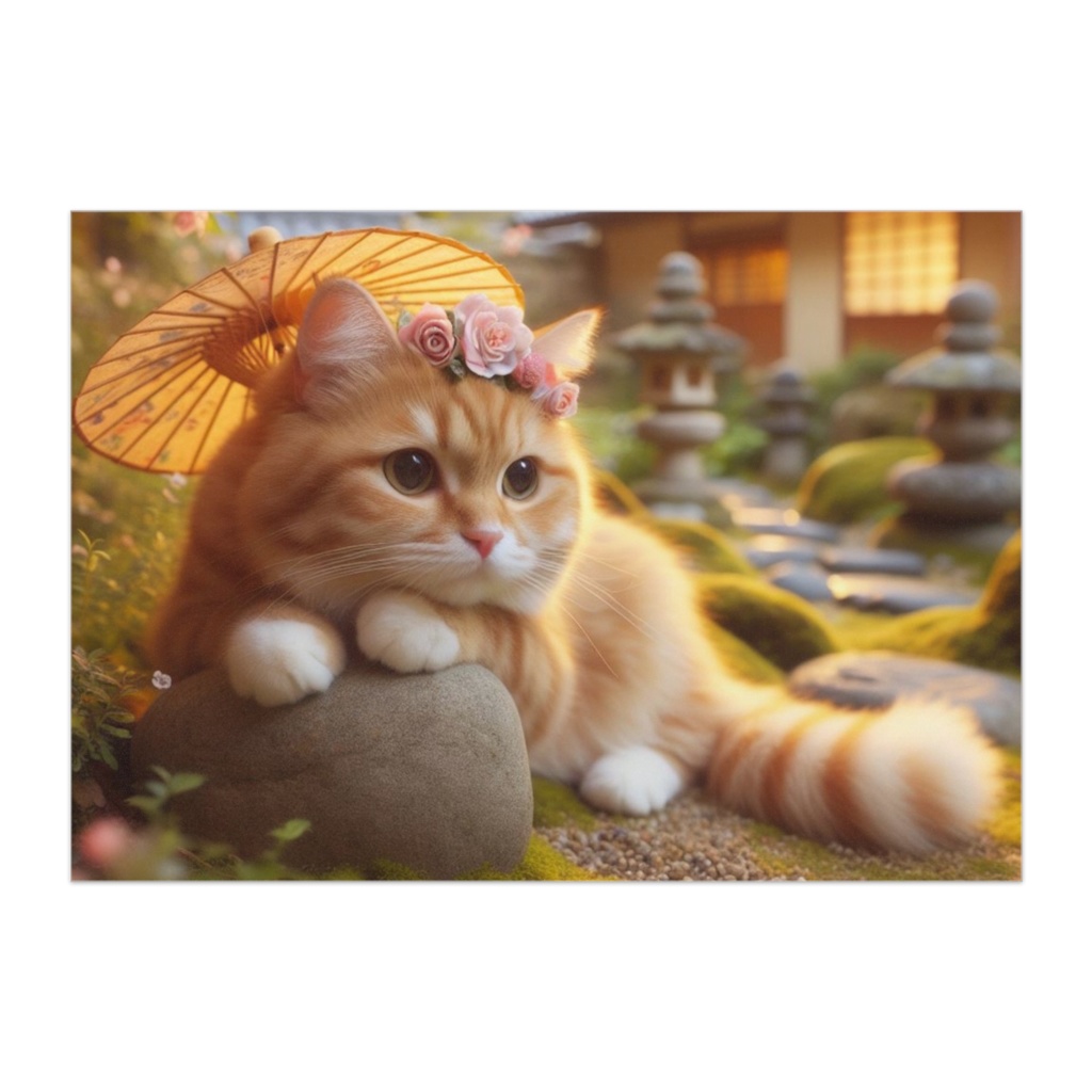 日本の景色と茶トラ猫・ポスター