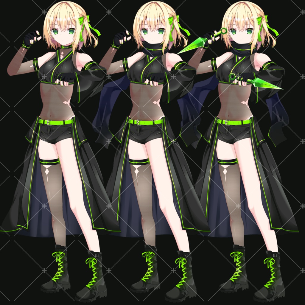 ネオンくノ一(グリーン)・立ち絵素材_表情10種