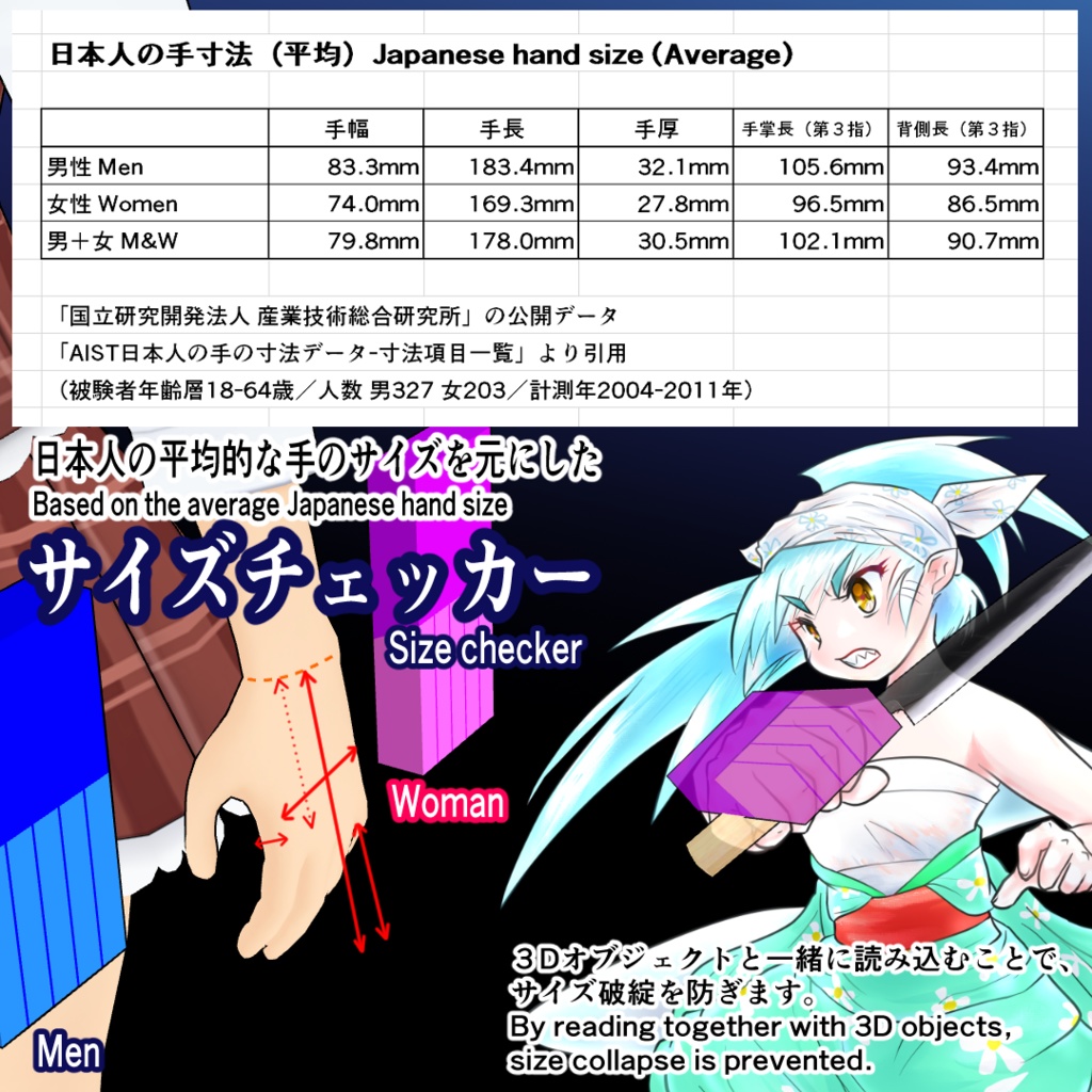 【3D素材】和包丁51種+三徳包丁/実寸大・手の平サイズチェッカー付/Blender・FBX