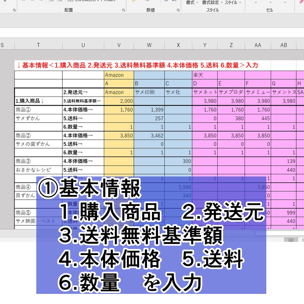 Amazonと楽天どう買ったら安いか大体わかる計算表/エクセル・スプレッドシートで使える