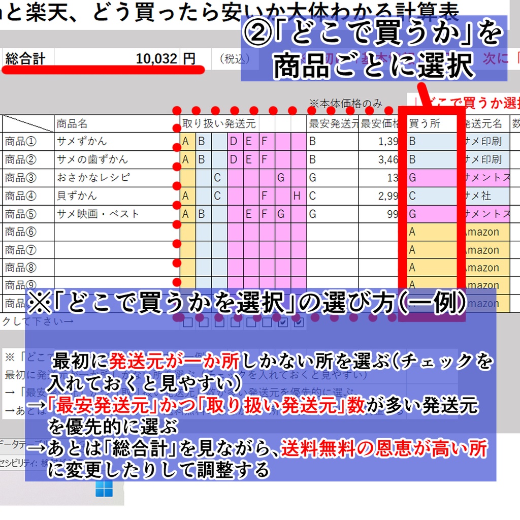 Amazonと楽天どう買ったら安いか大体わかる計算表/エクセル・スプレッドシートで使える