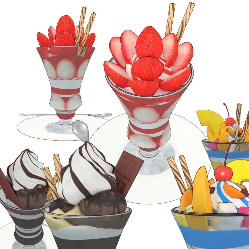 3Dモデル パフェセット(いちご/チョコ/トロピカル/皿・スプーン付/Blender/FBX)