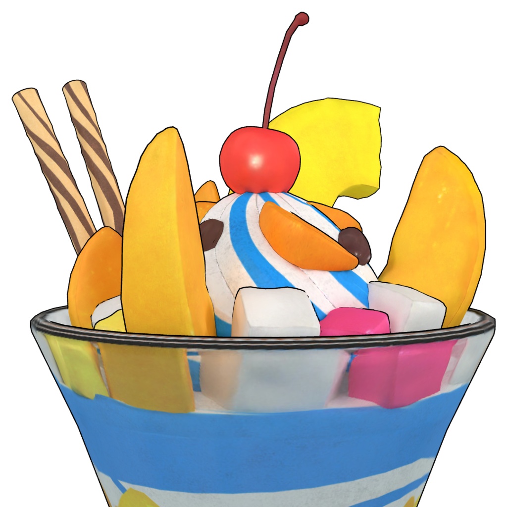 3Dモデル パフェセット(いちご/チョコ/トロピカル/皿・スプーン付/Blender/FBX)