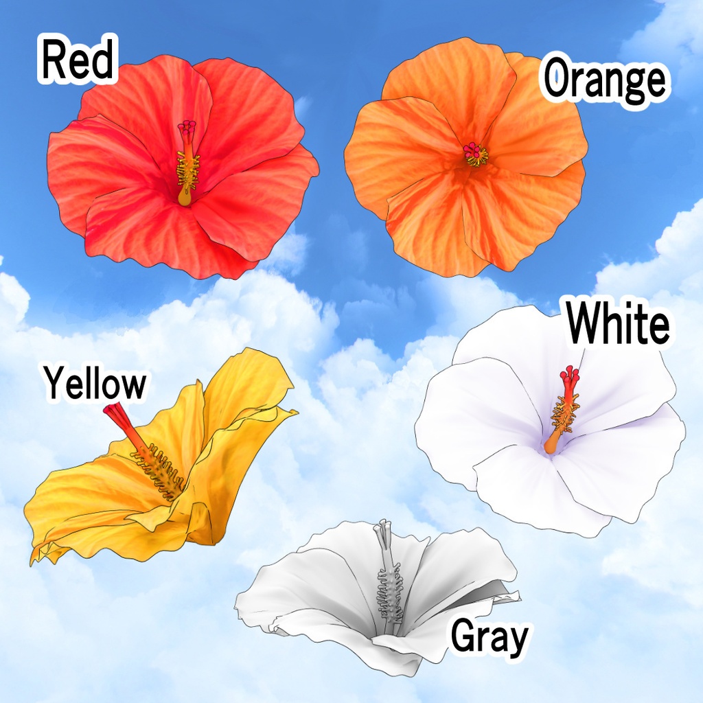 3Dハイビスカス Hibiscus(5色/FBX/Blender/Unity/CLIPSTUDIO/メタバース/Cluster)