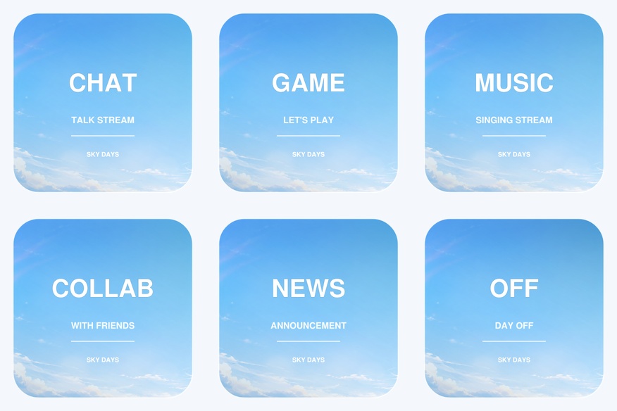 【無料】空と雲の配信者スターター素材セット|週間予定表・活動アイコン6種|PowerPoint編集対応