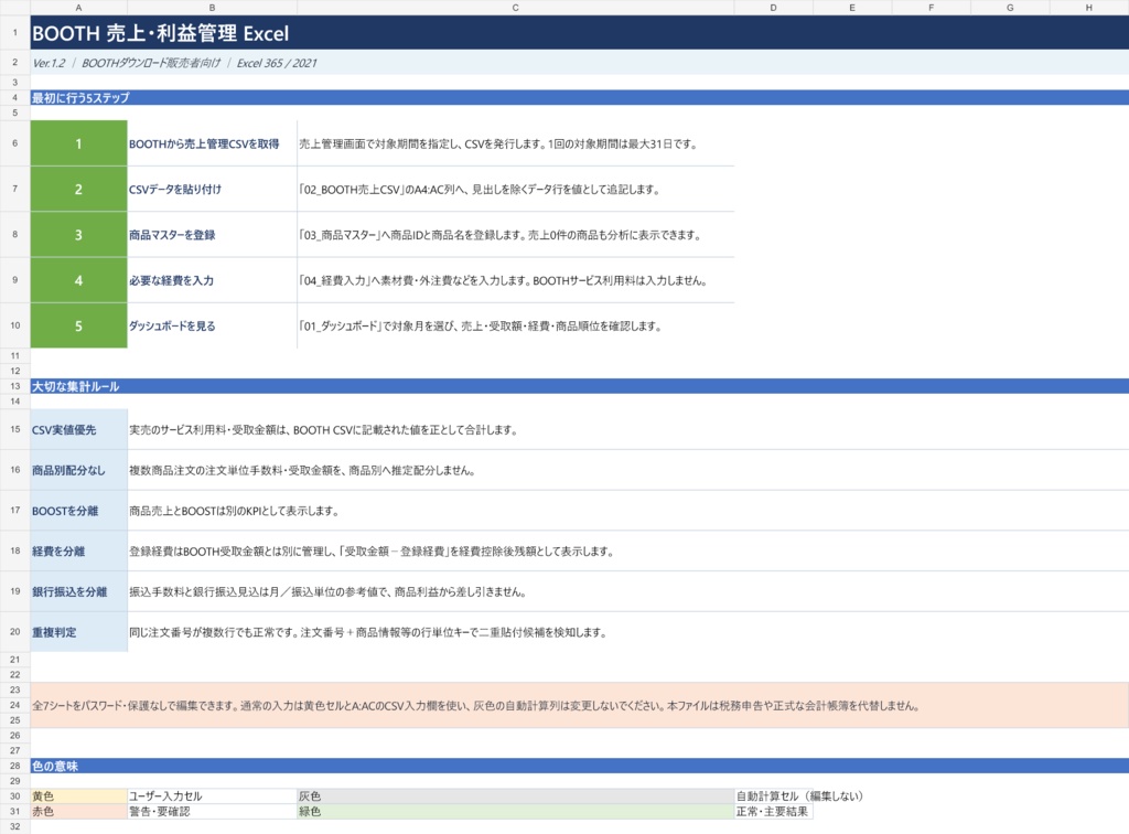 BOOTH売上・受取額・経費管理Excel|公式CSV貼り付け・月別/商品別分析