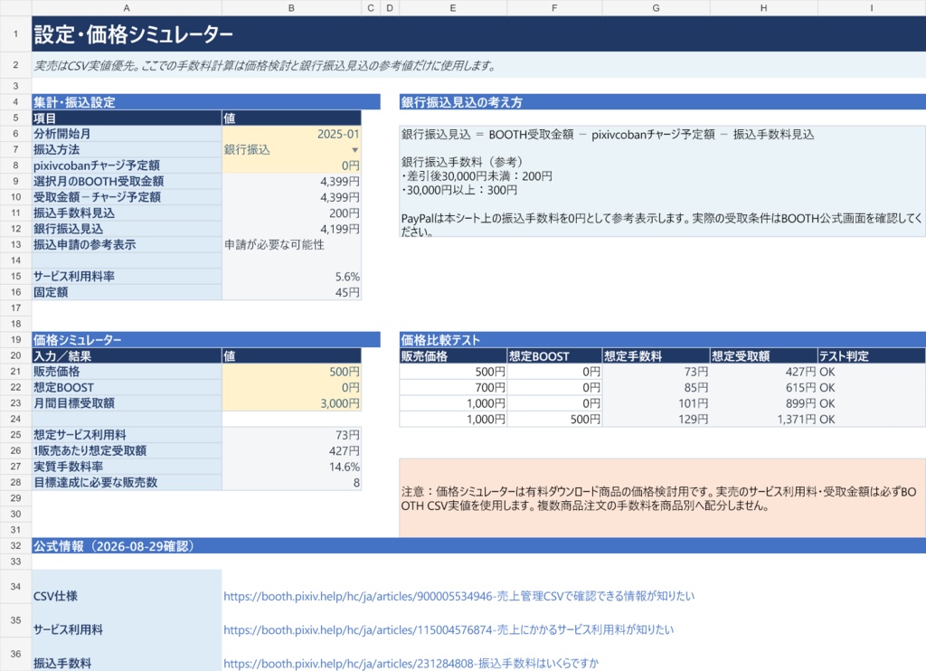 BOOTH売上・受取額・経費管理Excel|公式CSV貼り付け・月別/商品別分析