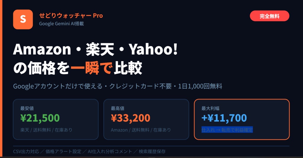 【2026年最新】せどり初心者必見|AI搭載EC価格比較ツール配布(Amazon・楽天・Yahoo!一括対応)