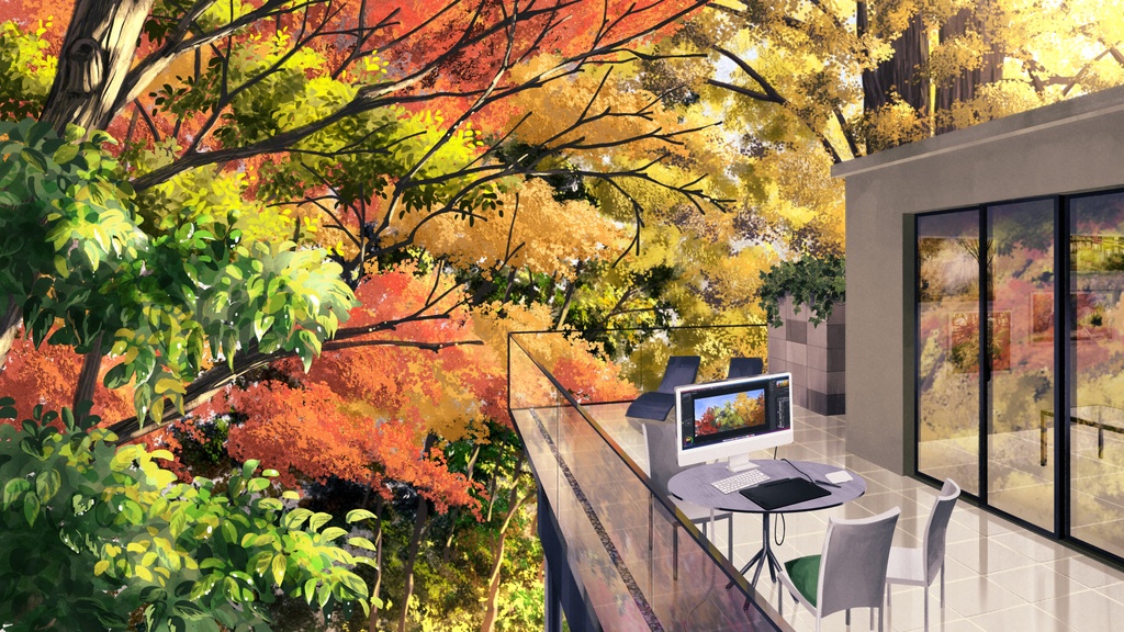 紅葉に囲まれてお絵描き