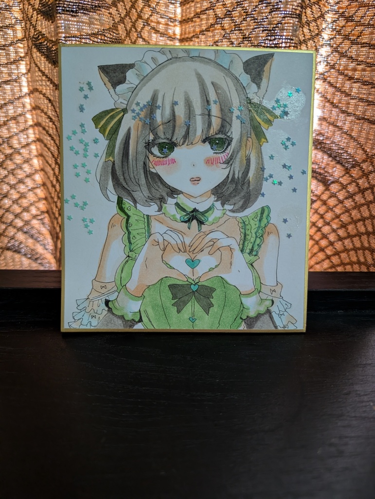 萌え袖猫耳メイド少女 オリジナル手描きアナログイラスト コピック+ホログリッター 寸松庵色紙 サインいり