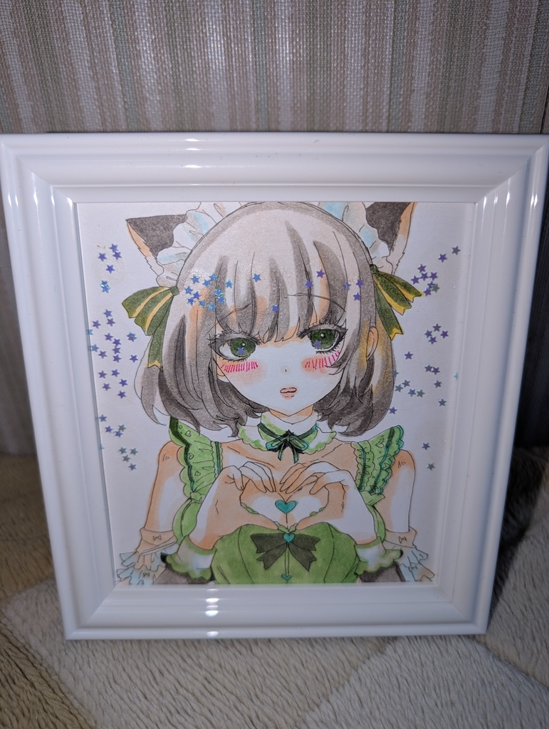 萌え袖猫耳メイド少女 オリジナル手描きアナログイラスト コピック+ホログリッター 寸松庵色紙 サインいり
