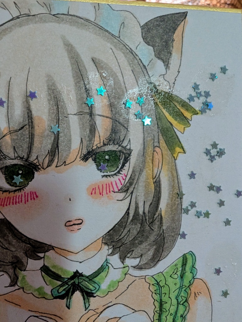 萌え袖猫耳メイド少女 オリジナル手描きアナログイラスト コピック+ホログリッター 寸松庵色紙 サインいり