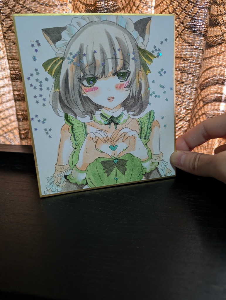 萌え袖猫耳メイド少女 オリジナル手描きアナログイラスト コピック+ホログリッター 寸松庵色紙 サインいり