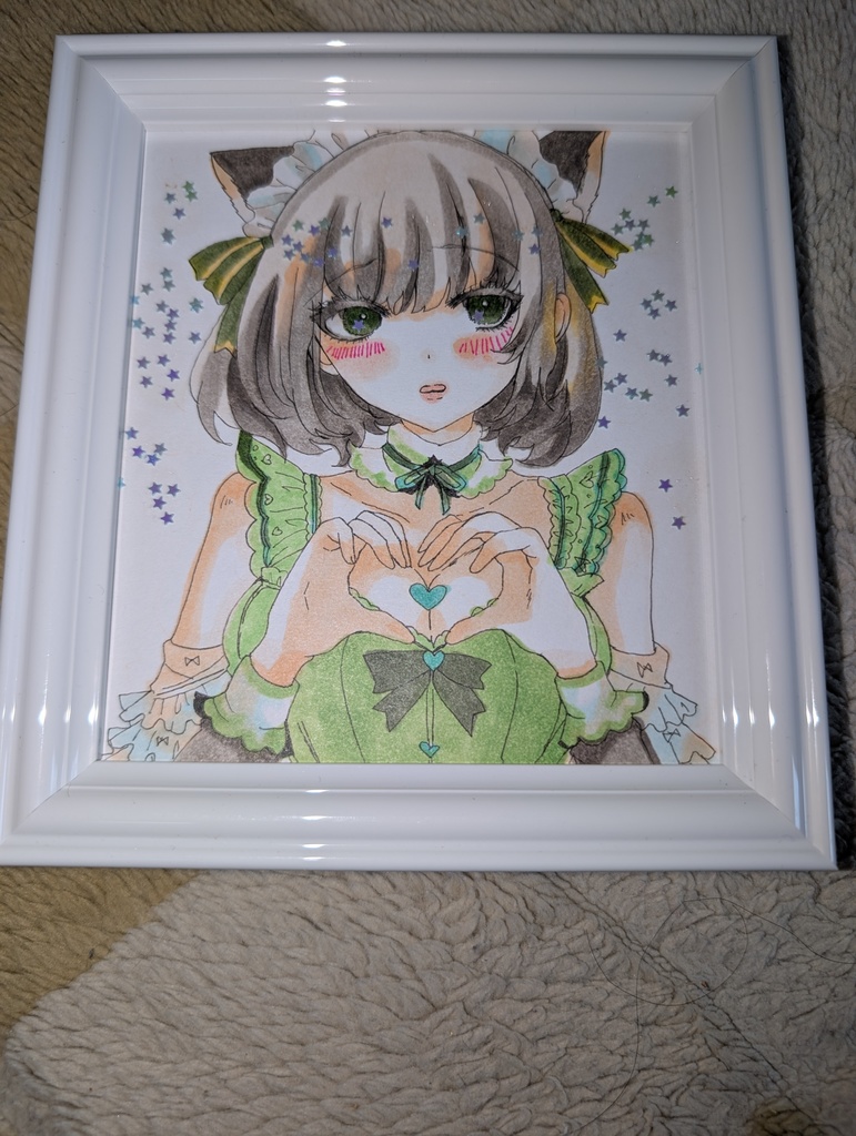 萌え袖猫耳メイド少女 オリジナル手描きアナログイラスト コピック+ホログリッター 寸松庵色紙 サインいり