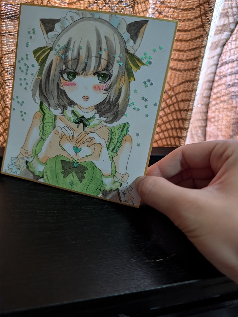 萌え袖猫耳メイド少女 オリジナル手描きアナログイラスト コピック+ホログリッター 寸松庵色紙 サインいり