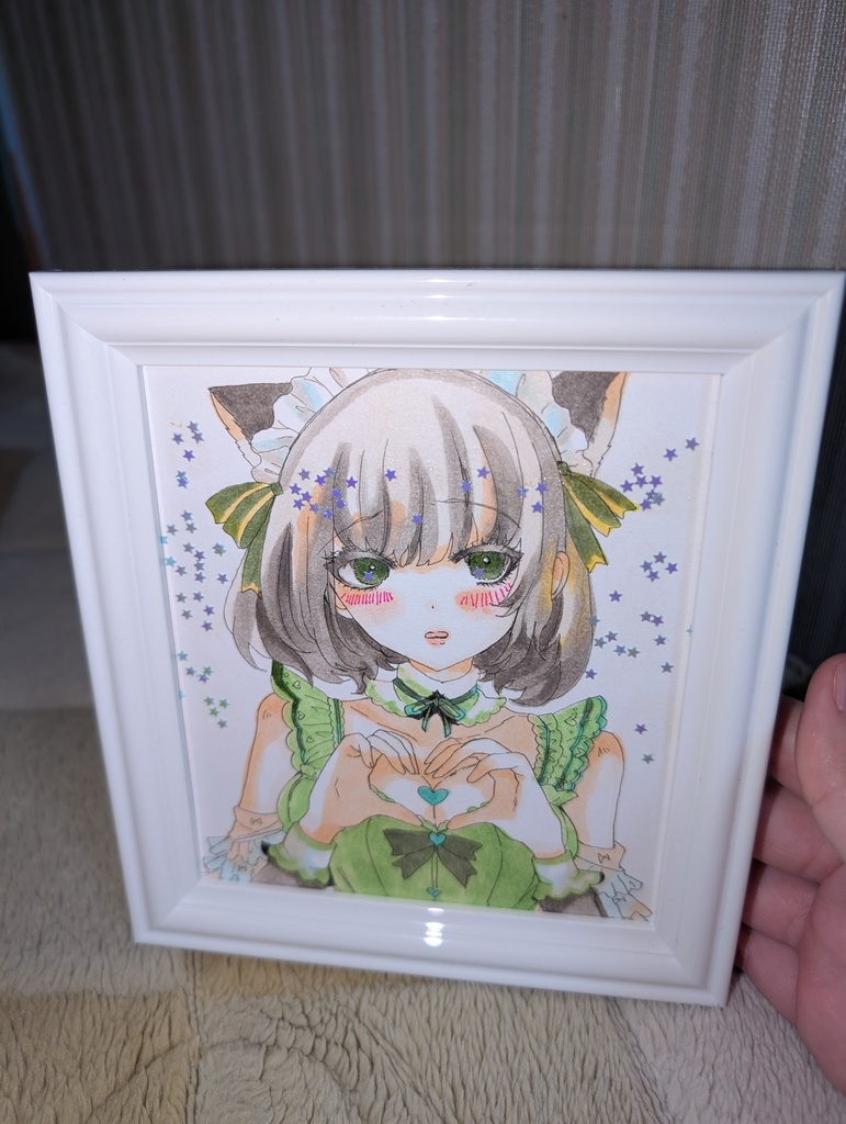 萌え袖猫耳メイド少女 オリジナル手描きアナログイラスト コピック+ホログリッター 寸松庵色紙 サインいり