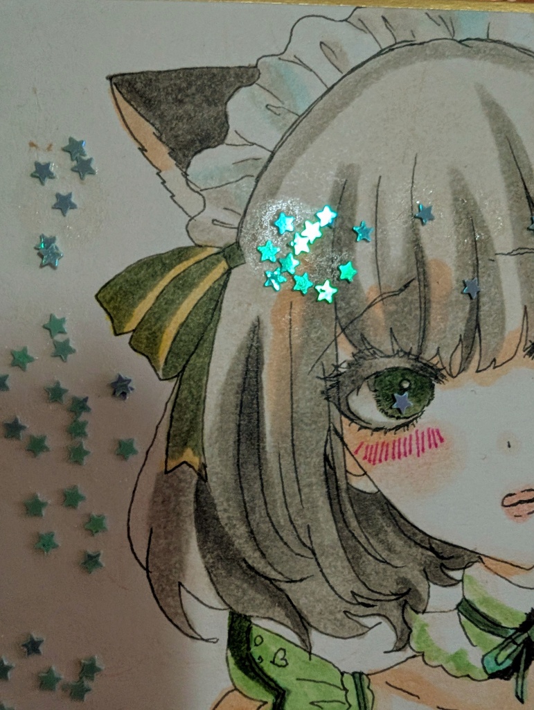 萌え袖猫耳メイド少女 オリジナル手描きアナログイラスト コピック+ホログリッター 寸松庵色紙 サインいり