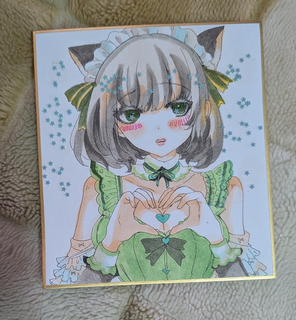 萌え袖猫耳メイド少女 オリジナル手描きアナログイラスト コピック+ホログリッター 寸松庵色紙 サインいり