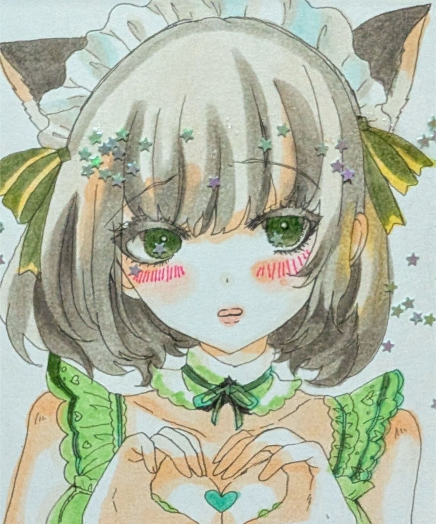 萌え袖猫耳メイド少女 オリジナル手描きアナログイラスト コピック＋ホログリッター 寸松庵色紙　サインいり