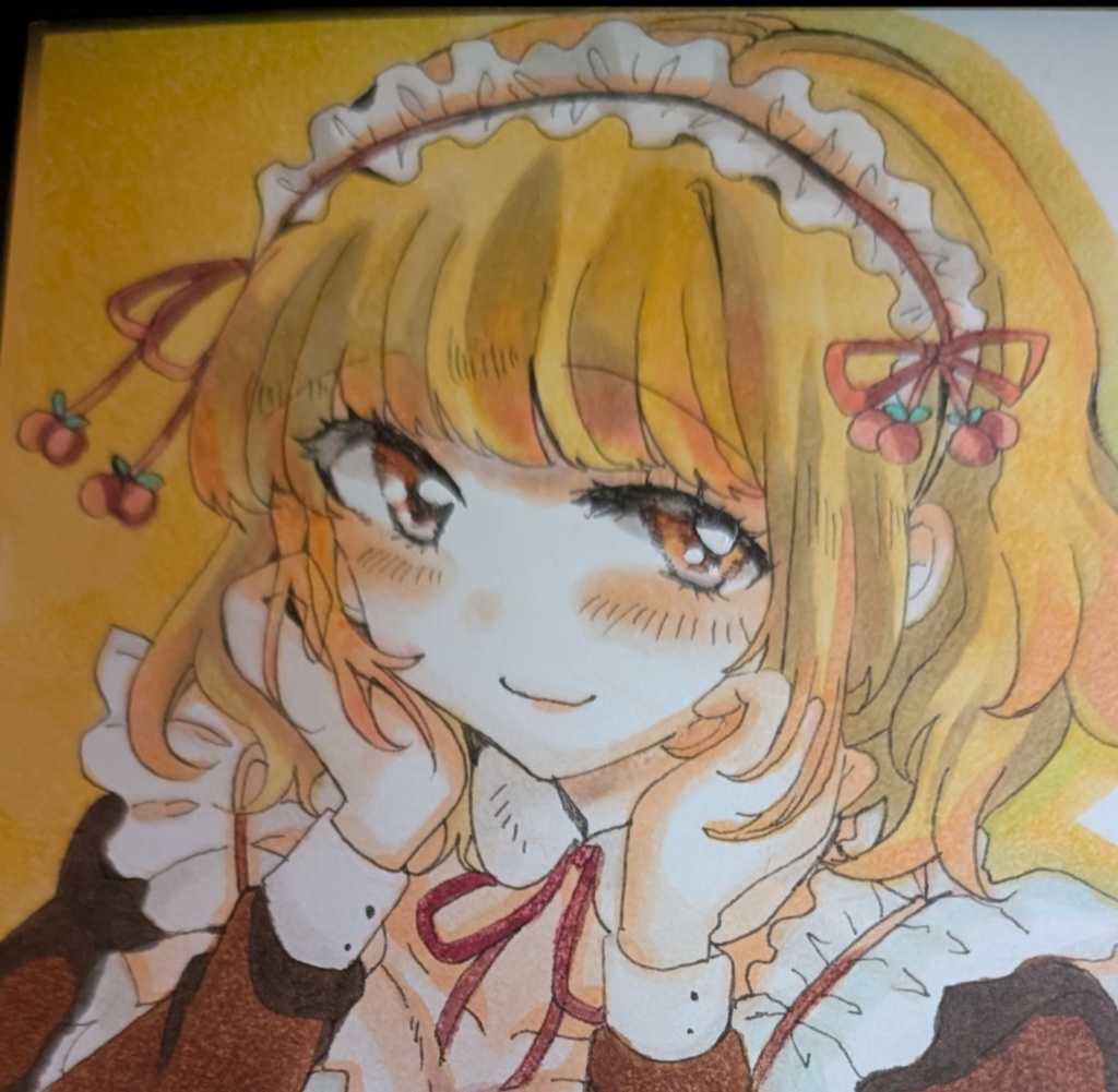 【オリジナル原画】さくらんぼメイド♡ かわいい女の子 水彩イラスト 寸松庵サイズ サイン入り
