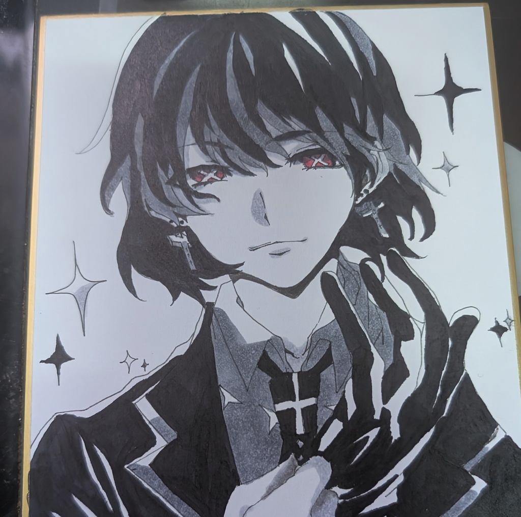 【手描き原画】赤×瞳のゴシック少年 十字架 病みかわ 寸松庵色紙 一点物