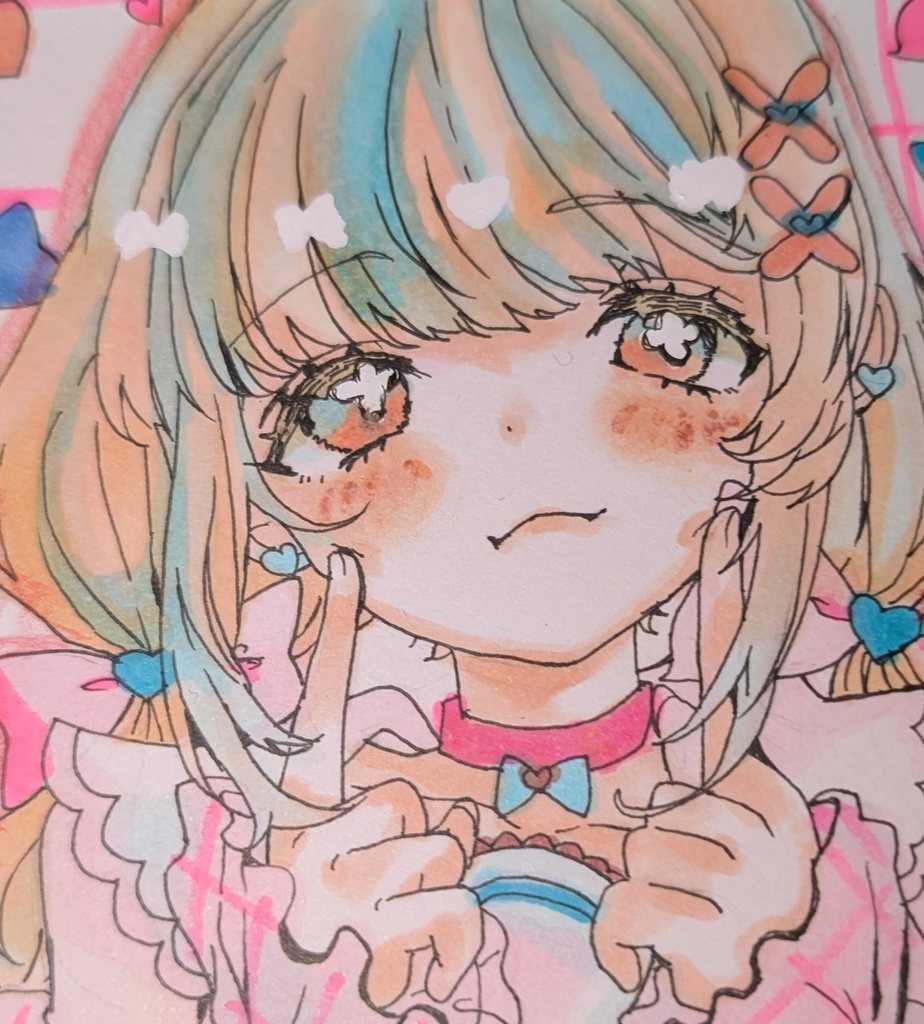 「ゆめかわ少女のオリジナルイラスト、出品中♡ ほっぺムニッポーズが可愛いコピック原画♡♡♡