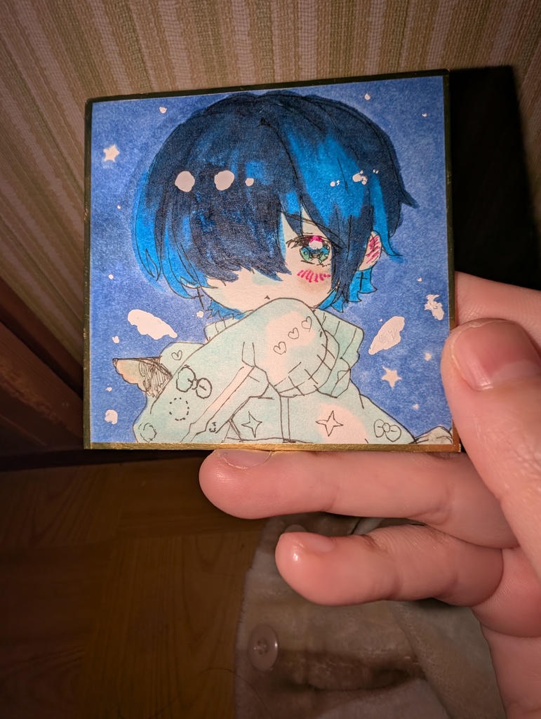 オリジナル手描きイラスト ミニサイズ☆かわいい青髪少年 星空背景☆