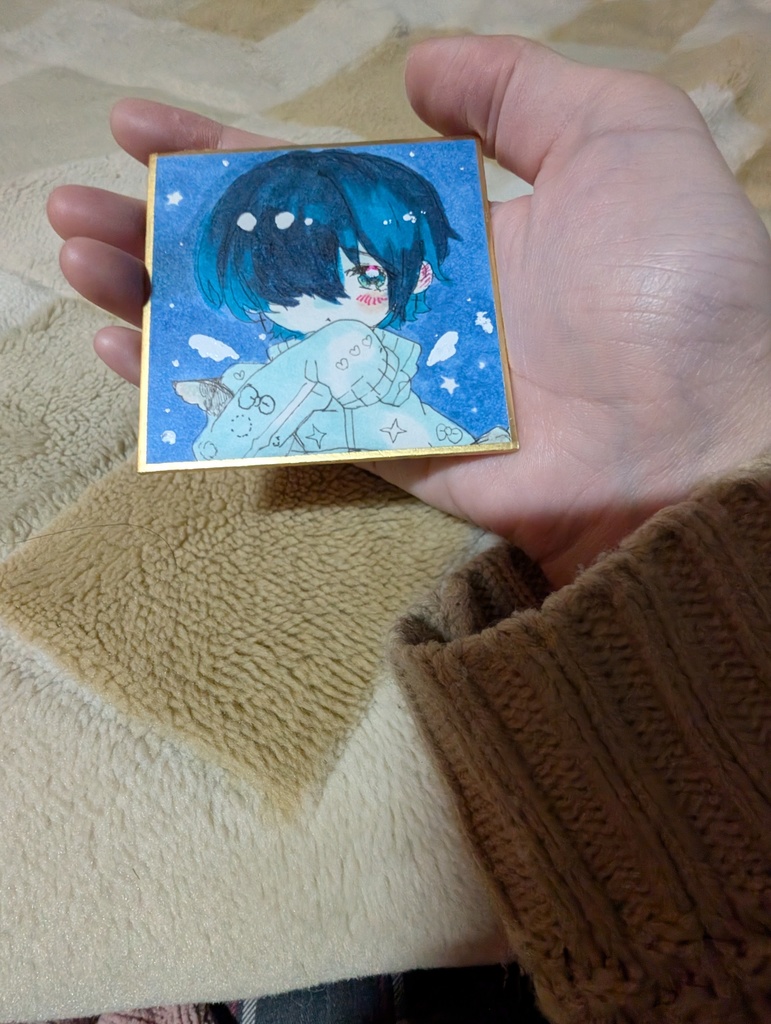 オリジナル手描きイラスト ミニサイズ☆かわいい青髪少年 星空背景☆