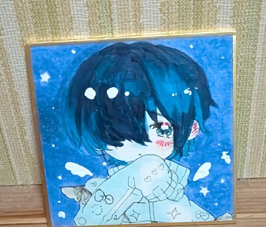 オリジナル手描きイラスト ミニサイズ☆かわいい青髪少年 星空背景☆