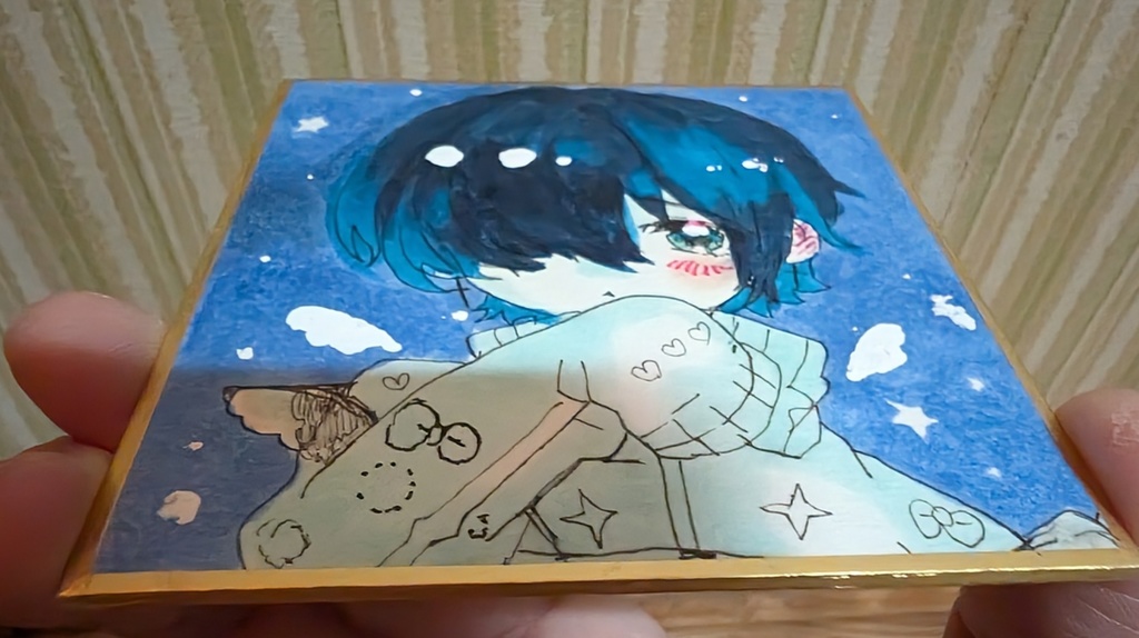 オリジナル手描きイラスト ミニサイズ☆かわいい青髪少年 星空背景☆