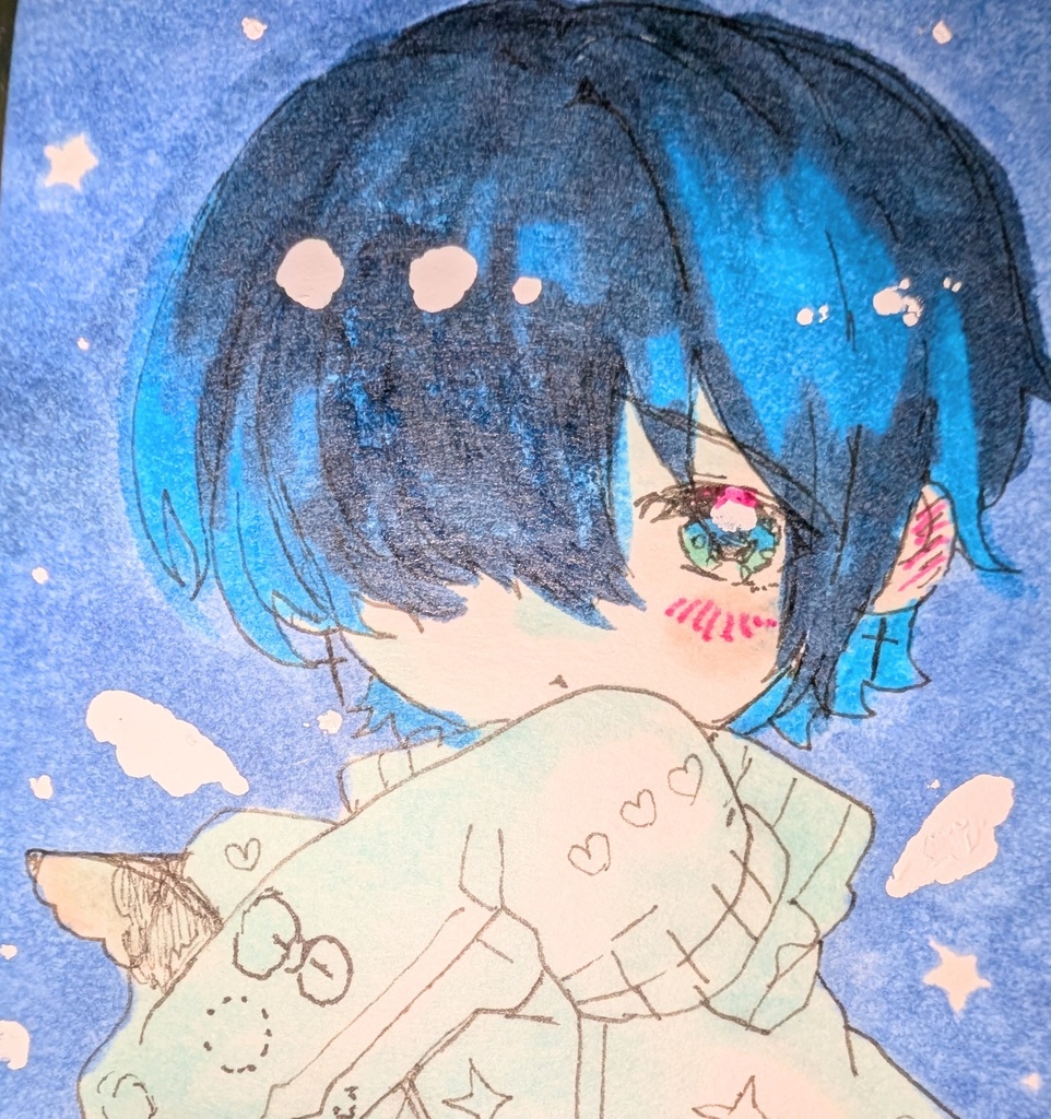 オリジナル手描きイラスト ミニサイズ☆かわいい青髪少年 星空背景☆