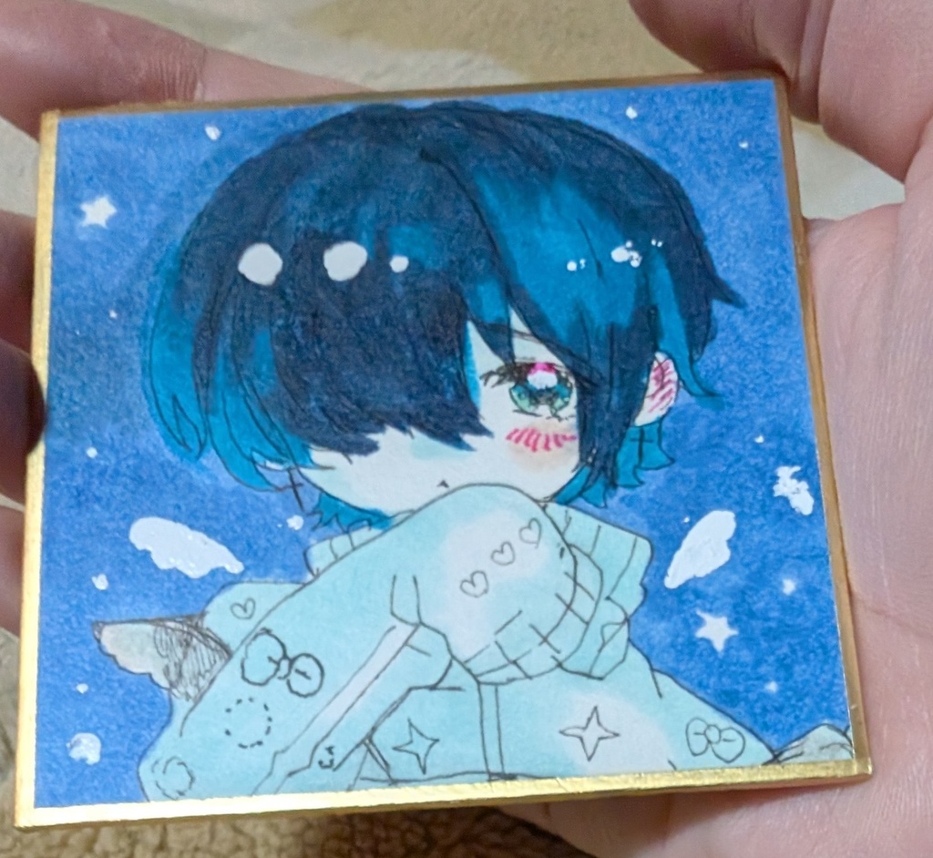 オリジナル手描きイラスト ミニサイズ☆かわいい青髪少年 星空背景☆