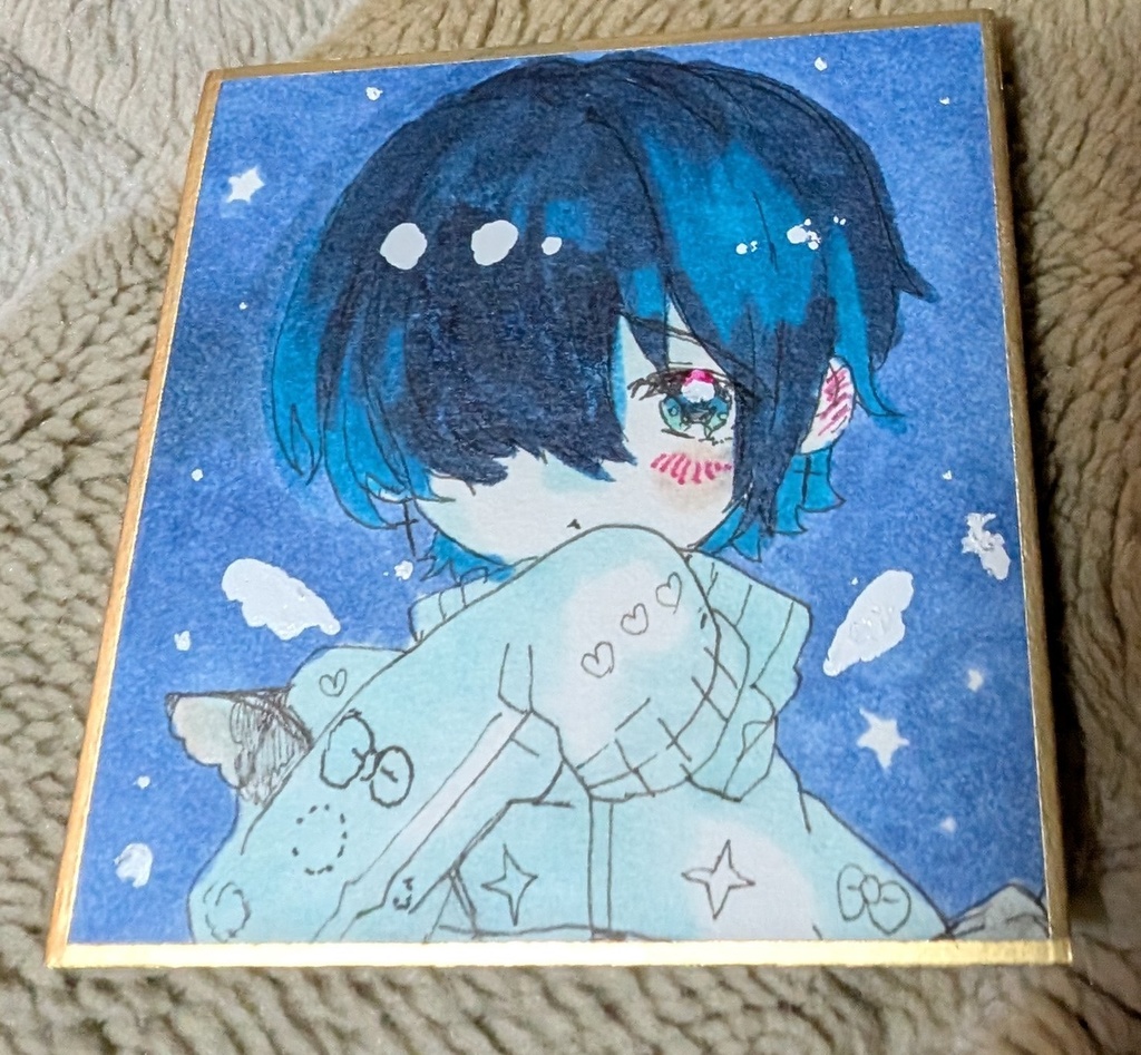 オリジナル手描きイラスト ミニサイズ☆かわいい青髪少年 星空背景☆