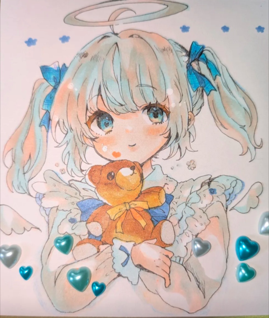 ゆめいろブルー 天使かわいい女の子とくまちゃん♡ 寸松庵色紙 原画（pixiv公開中
