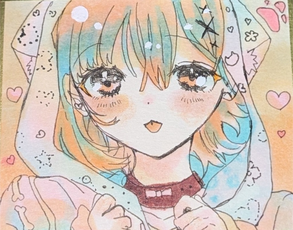 【病みかわ】猫耳フード少女 豆色紙原画 ♡